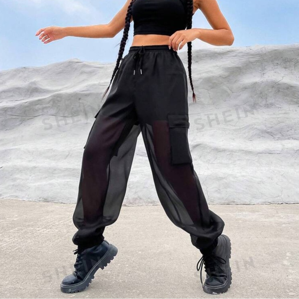 Black Sheer “SHEIN EZwear Flap Pocket Side Drawstring Waist Cargo Pants”